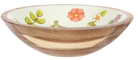 THUN, Ciotola in Legno d'Acacia Smaltato Decorato a Mano con Motivi Floreali, Versione Media, Linea Happy Country, 18x18x5 cm