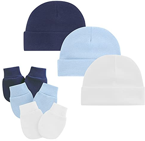 Century Star Neugeborenes Babymütze und Baby Handschuhe Set Baumwolle Beanie Unisex Mütze Baby Mädchen Jungen für 0-6 Monate 3er Set Weiß Hellblau und Navy
