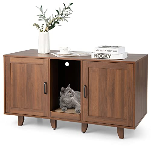 COSTWAY Cat Litter Box Enclosure, Wooden Kitty Hidden Washroom Toilet with Scratching Board, 2 Cabinets and Detachable Legs, Indoor Cats House TV Stand End Table
