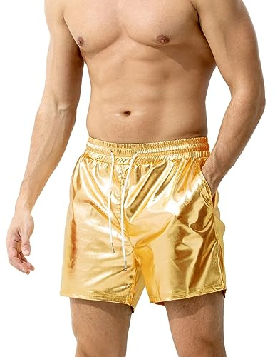 Casey Kevin Men's Metallic Shorts Reflective Rave Shorts with Pockets | Shiny Sparkly Party Shorts Men, Drawstring Elastic Hot Pants Funny Shorts Men's Short for Party Disco Music Festival Stag Do