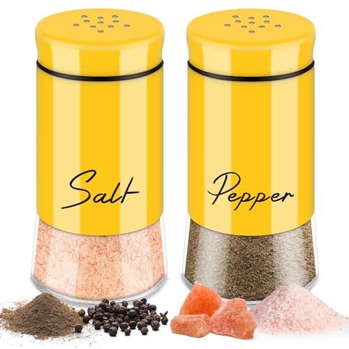 Dorblely Saliera e Pepiera 2 Pezzi Set - 5 Once Saliera in Vetro, Pepe in Acciaio Inossidabile, con Spargispezie Coperchio, per la Casa e la Cucina Stile Classico da Campeggio Ristorante - Gialla