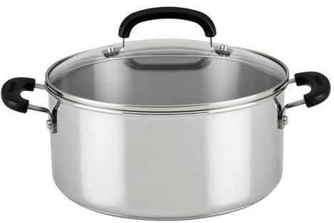 Farberware Brilliance Stainless Steel Dutch Oven/Casserole Pan with Glass Lid, 5 Quart, Dishwasher Safe and Induction Ready, Compatible with All Cooktops, Stainless Steel