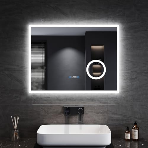 SONNI Specchio da Bagno a LED con Illuminazione, Specchio Con Luci 80 x 60cm Con illuminazione, Funzione Tri-colore Dimmerabile e Infinitamente Dimmerabile con Triplo Ingrandimento
