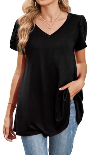 Enmain Camiseta Mujer Manga Corta Blusa Cuello en V Más Tamaño Túnica Túnica Tops Elegante Tulipán Manga Swing Tops