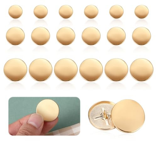 Prasacco 18 Stück Goldene Flache Knopf, Ersetzen Knöpfe aus Metall 3 Größen Runder Nähknöpfe für Damen, Herren, Blazer, Hemden, Hosen, Jacken, Wollmäntel, Bastelarbeiten (15/20/25 mm)