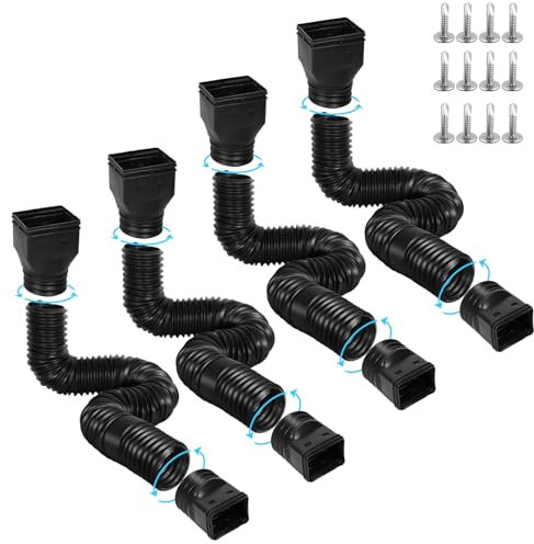 Gutterlix 4 Pack Flexible Gutter Downspout Extensions Extendable from 21 to 67, Downspout Extender Comes with Adapters, Thickened Down spout Drain Extension for Rainwater Drainage(Black)
