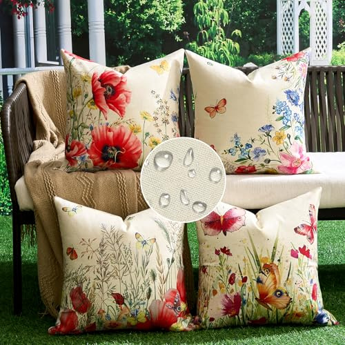 Federe Cuscini Divano 45x45 Primavera Estate Fiore Copricuscini Decorativi Esterno Impermeabile Lino Fodera per cuscino Quadrate per Giardino Soggiorno Camera da Letto Sedia Auto Maison Set di 4