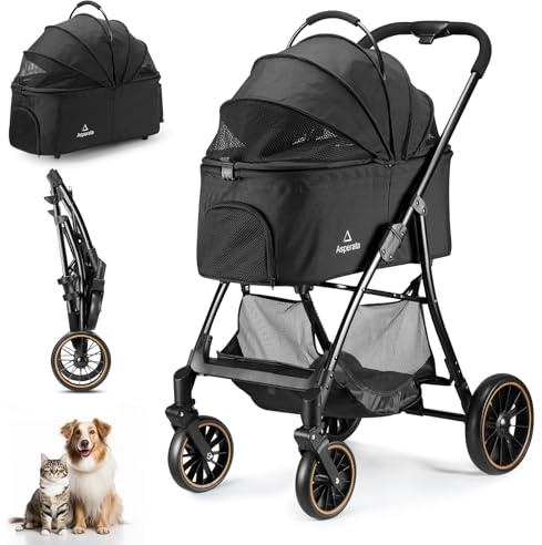 Asperata Pet Stroller for Small/Medium Dogs & Cats up to 55 lbs, Upgraded 4 Wheels Dog Stroller for Large Dogs, 3-in-1 Foldable Portable Travel Carrier for 2 Cats with Storage Basket and Cupholder