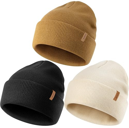 OLIKER 3 Pack Beanie for Men Women, Winter Double Layer Warm Knit Cuffed Hat Stylish Slouchy Skull Cap for Cold Weather (US, Alpha, One Size, Beige+Brown+Black)