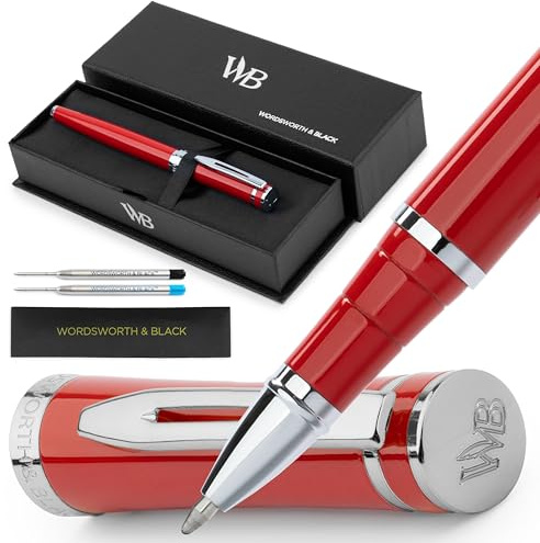 Wordsworth & Black Stylo roller rechargeable de luxe, rouge | Stylo roller pour homme et femme, finition or 24 carats, corps laqué, élégant et raffiné, encre liquide, étui et recharge