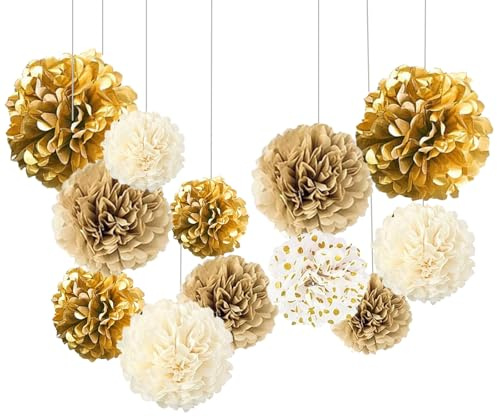 ROEOWENE 12PC Fiori di Carta per Decorazioni Pon Pon Carta Velina Pom Pom Decorativi da Appendere Ventaglio Palla Fiori Giganti per Allestimenti per Compleanno,Matrimonio,Battesimo,Festa-Oro Bianco