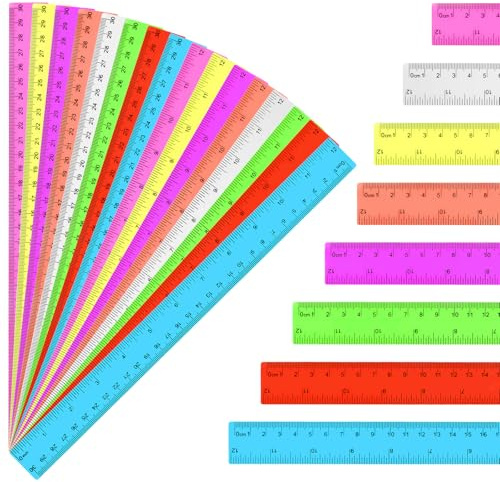 16 Pack Assorted Color Clear Rulers 12 inch, Plastic Ruler Bulks for Classroom, Transparent Metric Rulers for Kids with Inches and Centimeters for School, Home, Office Supplies