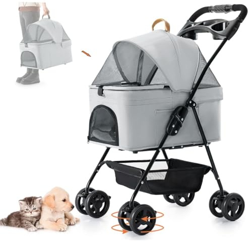LPOTIUS 3-in-1 Pet Stroller for Small Dogs and Cats, Folding Lightweight Dog Stroller with Detachable Carrier Portable Cat Puppy Jogging Stroller with Cup Holder and Storage Basket, 4 Wheels