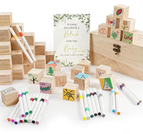 AOOTE Kit Fai da Te con Blocchi di Legno, Kit Fai da Te con 78 Blocchi per Decorare, Kit Fai da Te con Blocchi di Legno con 52 Blocchi di Legno, 24 pennarelli, 1 Cartello da Tavolo e Scatola