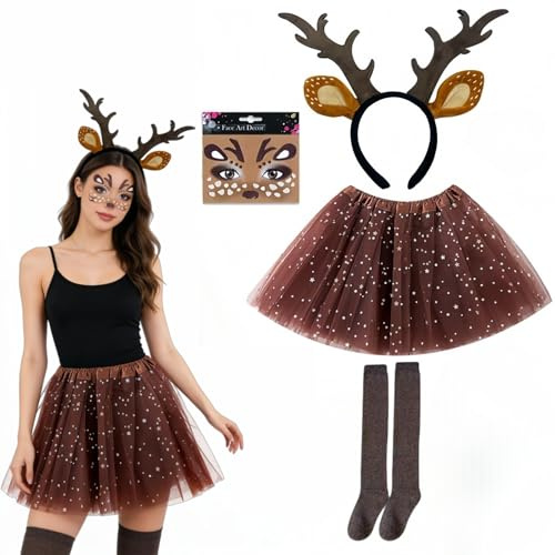 FuouYA Disfraz Carnaval Mujer,Disfraz Ciervo Mujer,Disfraces De Carnaval Para Mujer,Disfrazs De Reno,Diadema Y Falda De Tul, Tatuajes Temporales, Calcetines, Para Carnavall, Navidad, Fiesta