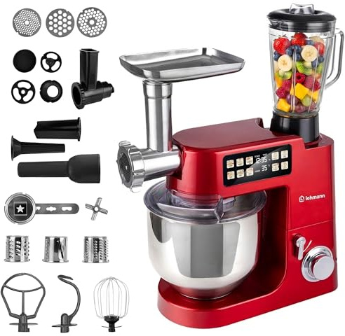 LEHMANN Teyles Robot Pâtissier Professionnel Multifonction 2100W 8L avec Balance Intégrée et Bol Chauffant, Pétrin à Pain et Pizza, Blender Verre 1,5L, Hachoir à Viande, Rouge