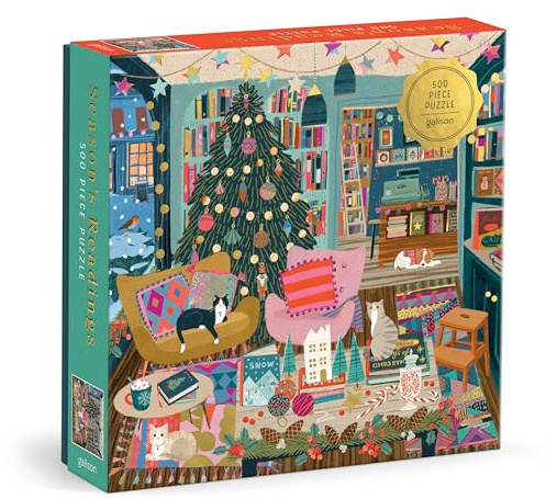 Galison Season's Reading – 500 Piece Foil Jigsaw Puzzle Featuring Beautiful Artwork of A Cozy Christmas Bookshop Scene with Gold Foil Accents