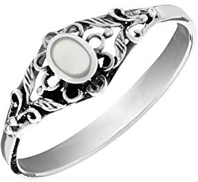 81stgeneration Anillo de Plata de Ley con Filigrana Floral y Cabujón Ovalado de Nácar para Mujer | Anillo en Plata 925 Estilo Gótico Victoriano | Joyas de Estilo Art Nouveau Vintage con Hojas