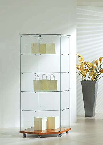 MHN Glas-Vitrine ohne Rahmen T 68 x B 68 x H 180 cm - schmale Ausstellungsvitrine Sicherheitsglas abschließbar - Eckvitrine mit Rollen - ohne Beleuchtung