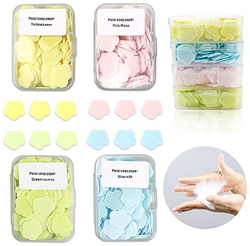 FERCAISH 400 hojas de jabón de pétalos, hojas de papel de jabón portátiles y solubles para lavar y limpiar las manos, perfectas para niños y adultos en viajes al aire libre y camping, senderismo