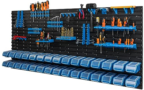 30 scatole da parete con coperchio da 175,5 x 78 cm, portautensili per garage 30 scatole blu impilabili con pannello portautensili 178 x 78 cm garage officina banco da lavoro per utensili manuali