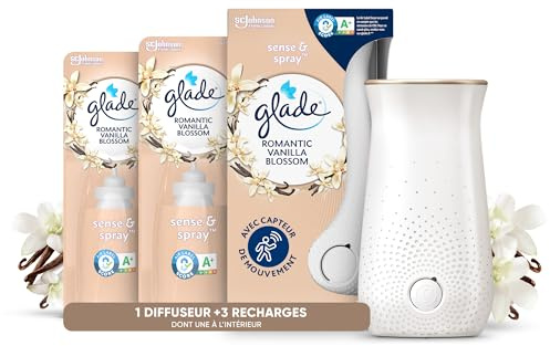 Glade Sense et Spray Diffuseur à Détection de Mouvement - Infusé Aux Huiles Essentielles - Jusqu'à 2 Mois de Parfum – Sans Parabens - Romantic Vanilla Blossom - 1 Diffuseur et 3 Recharges de 18ml
