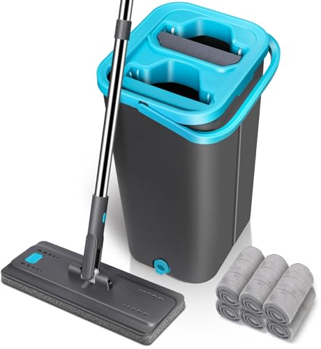 MASTERTOP Mocio Piatto e Secchio Strizzatore, Mocio Rotante a 360° e Secchio Autolavaggio, Mop Lavapavimenti a Mani Libere in Microfibra, con 6 Tamponi Riutilizzabili (Grigio scuro)