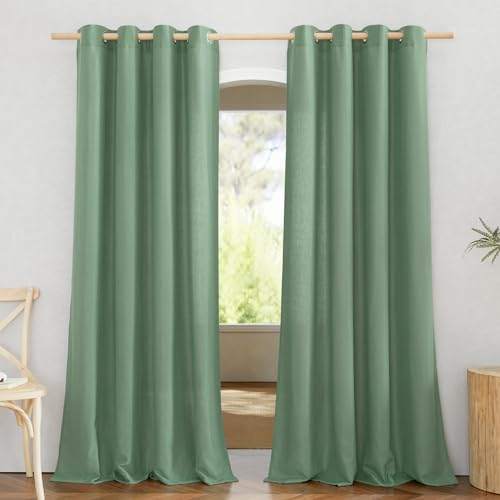 PONY DANCE Tende Lino con Anelli Tende Verde Scuro per Soggiorno e Salotto Eleganti Semitrasparenti Linen Curtains Camera da Letto 2 Pezzi L 140 x A 245 CM