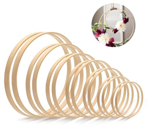 14 Stück Bambus Holzringe zum Basteln, 7 Größen Bambus Bastelringe Holz, Holzringe Makramee für Traumfänger, Hochzeitskranz und Wandbehang, 8 10 13 15 17 18 20 cm