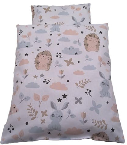 Handgefertigte Puppenbettwäsche, Waldfreunde, Hase und Igel, Gänse und Blumen, waschbar Decke 41h x 33b, Kissen 18h x 24b (Hase und Igel)