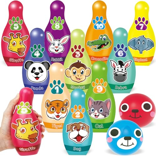 STAY GENT Kegelspiel für Kinder, Spielzeug Bowling Set mit 10 Kegeln & 2 Bälle, Tier Bowling Kegelspiel Ball Draussen Innen Spiele, Indoor Outdoor Lehrreich Geschenke für Kinder ab 2 3 4 5 6 7 Jahre