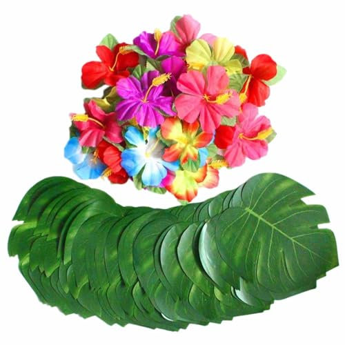 SLAXJNE 60 Pièces Décorations de Fête Tropicales et Hawaïennes avec Palmiers et Hibiscus