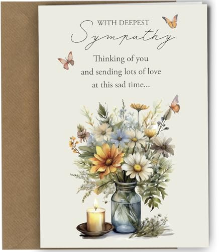 Sympathy Card With Deepest Sympathy Thinking Of You Bereavement Condolence Elegant Floral Design Thoughtful Support Greeting #1778
