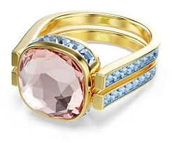 Swarovski Chroma Ring, Vergoldeter und Mehrfarbiger Twist-Damenring mit einem Wendbaren ReCreated Crystal in Grün und Pink im Kissenschliff und Kleineren Blauen Kristallen, Größe: 58