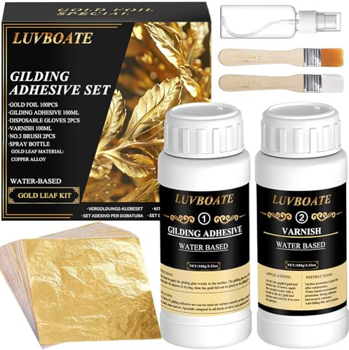 Vergoldung Kleber Set, LUVBOATE Blattgold Kit, 100ml Klebstoff auf Wasserbasis und 100ml Lack mit Blattgold Blatt 100 Stück, für Kunst, Handwerk, Malerei, Möbel und Dekoration