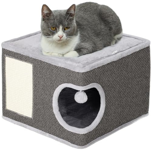PawHut Kratztonne, 35 cm hoch Katzentonne mit Höhle, Kratzbaum mit Spielball, Katzenturm aus Sisal, für Katze bis 6 kg, Dunkelgrau+Cremeweiß