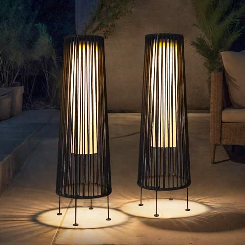 TRIROCKS 68 cm H Outdoor Floor Lamp 2 Pcs Solar Powered Lantern Wicker Solar Patio Lamp with Olefin Rope Waterproof Rattan LED Deck Light Garden Outside Light for Porch Yard Pathway Patio Lawn (Black)