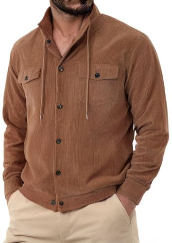 amropi Uomo Giacca Camicia in Velluto a Coste Coulisse Casual Bottoni Camicie con Tasche Marrone, XXL