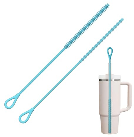 Cepillo Limpia Pajitas Silicona, 2Pcs Cepillo Pajita Reutilizable para Pajitas Vidrio, Metal, Smoothie y Vasos Pajita, Mango Antideslizante Suave y Doblable, 6mm+9mm, Azul