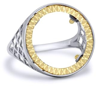 Jewelco London 925 Sterling Silver Basket 10th Ounce Krugerrand Brittania Coin Mount Ring - 9ct Gold Bezel - Size U