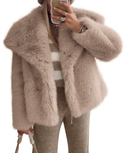 PRETTYGARDEN Womens Winter Coats 2026 Trendy Long Sleeve Furry Faux Fur Jackets Button Lapel Warm Fall Outwear with Pockets (Khaki,Medium)