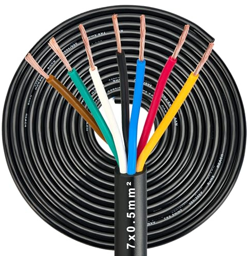 DARKGUARD Câble Remorque 7 Fils de Cuivre 0,5mm², Câble Électrique pour Remorque 7 Broches 5M, 12V/24V Fil Automobile à 7 Conducteurs pour Caravane Voiture Camping-Car RV