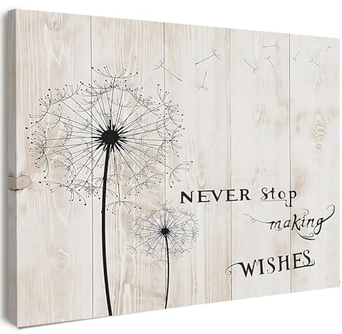 Qiukoo Framed Wall Art Dandelion Canvas – “Never Stop Making Wishes” – Inspirational Bedroom Decor, Living Room & Hallway Wall Prints with, Hooks & No-Trace Nails – 12×16 in