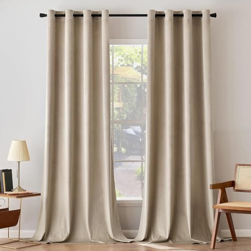 2X Cortinas de Salon Terciopelo Opaca con Ojales, 2 Piezas 140x260cm (An x Al), Suave Cortina Moderna Ventana Habitación Invierno y Verano (Beige)