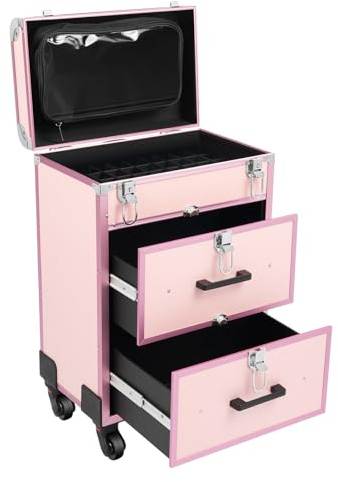 Valigetta cosmetica trolley, grande con ruote girevoli a 360° e 2 cassetti, per trucchi per nail art, da viaggio, estetista, parrucchiere, 57 x 36 x 23 cm