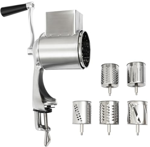 LKHDONG Grattugia a tamburo in acciaio inox, con 5 lame a tamburo, grattugia per verdure e mandorle, set di grattugia per patate con manovella (con morsetto)