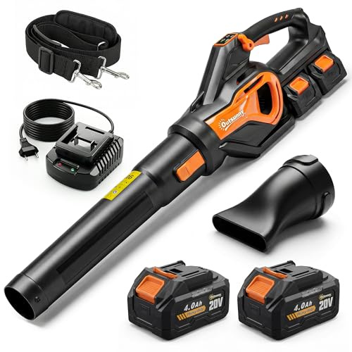 Outsunny Soffiatore a Batteria 20V, Soffiatore Foglie con 2 Batteria 4Ah, Motore Brushless 900W, 3 Livelli Velocità 162.7 km/h, Turbo Boost, Caricabatterie, Leggero, per Giardino Foglie Neve Polvere