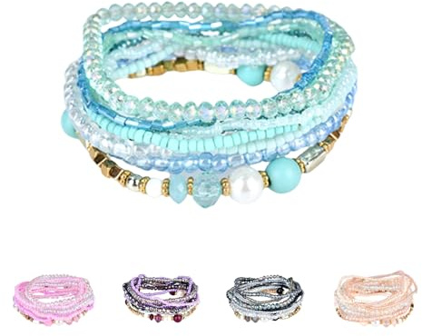 Uhat® Multi Layers Handmade Bracelet Bohemian Beaded Bracelet Colorful Strand Wrap Layered White Faux Pearl (Blue)