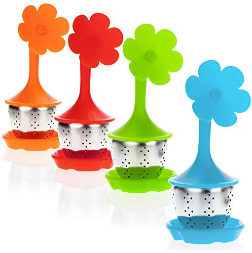 COM-FOUR® 4x infusore da tè in acciaio inox e silicone - colino da tè con coperchio e piattino - filtro da tè - lavabile in lavastoviglie (04 pezzi - fiore)