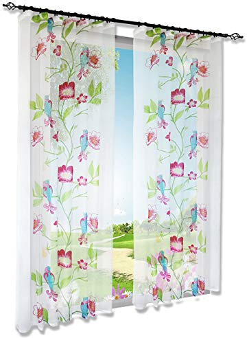 BAILEY JO 1er-Pack Gardinen mit Frisch Vögel und Blumen Design Vorhang Transparent Voile Vorhänge